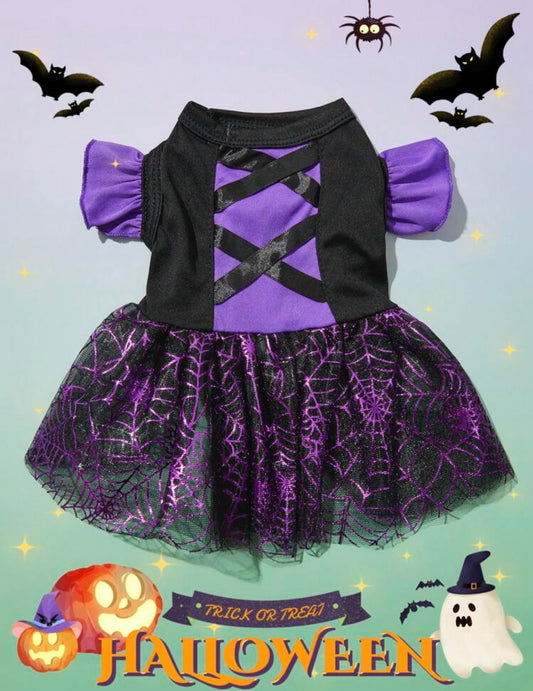 Pet Witch Costume Dress, Purple Mesh Panel Black Knit Cap Sleeve Dog Dress