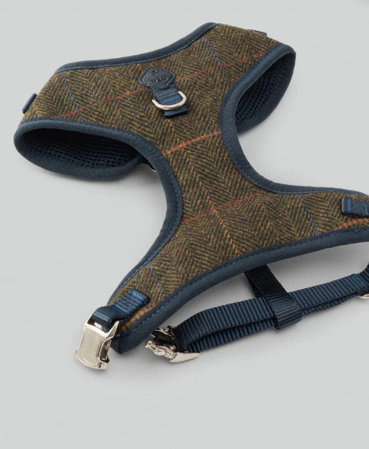Dark Green Checked Herringbone Tweed Dog Harness