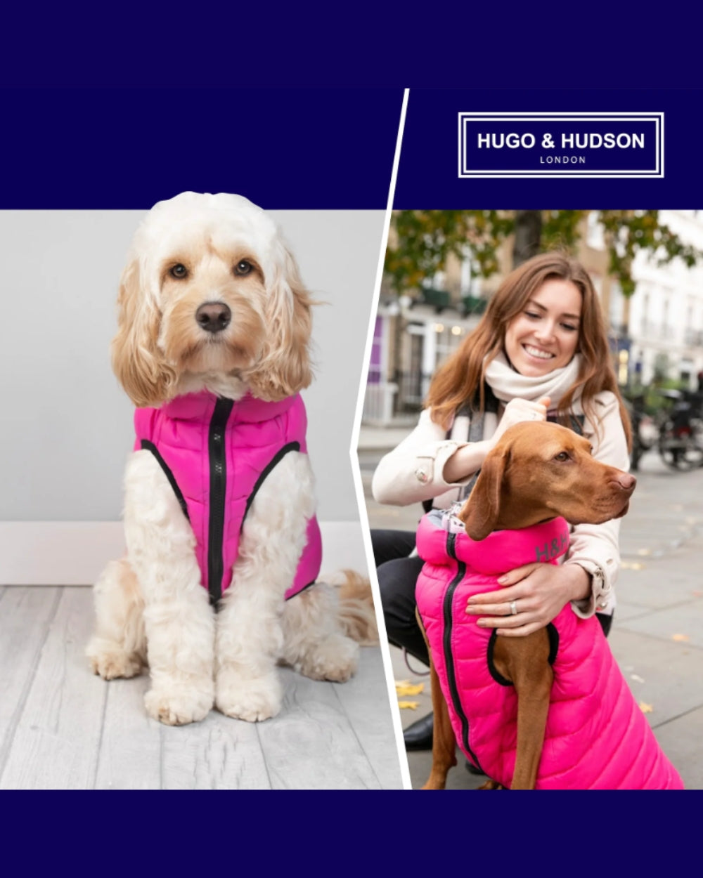 Hugo and Hudson Reversible Dog Puffer Jacket - Pink and Grey - Dog Coat