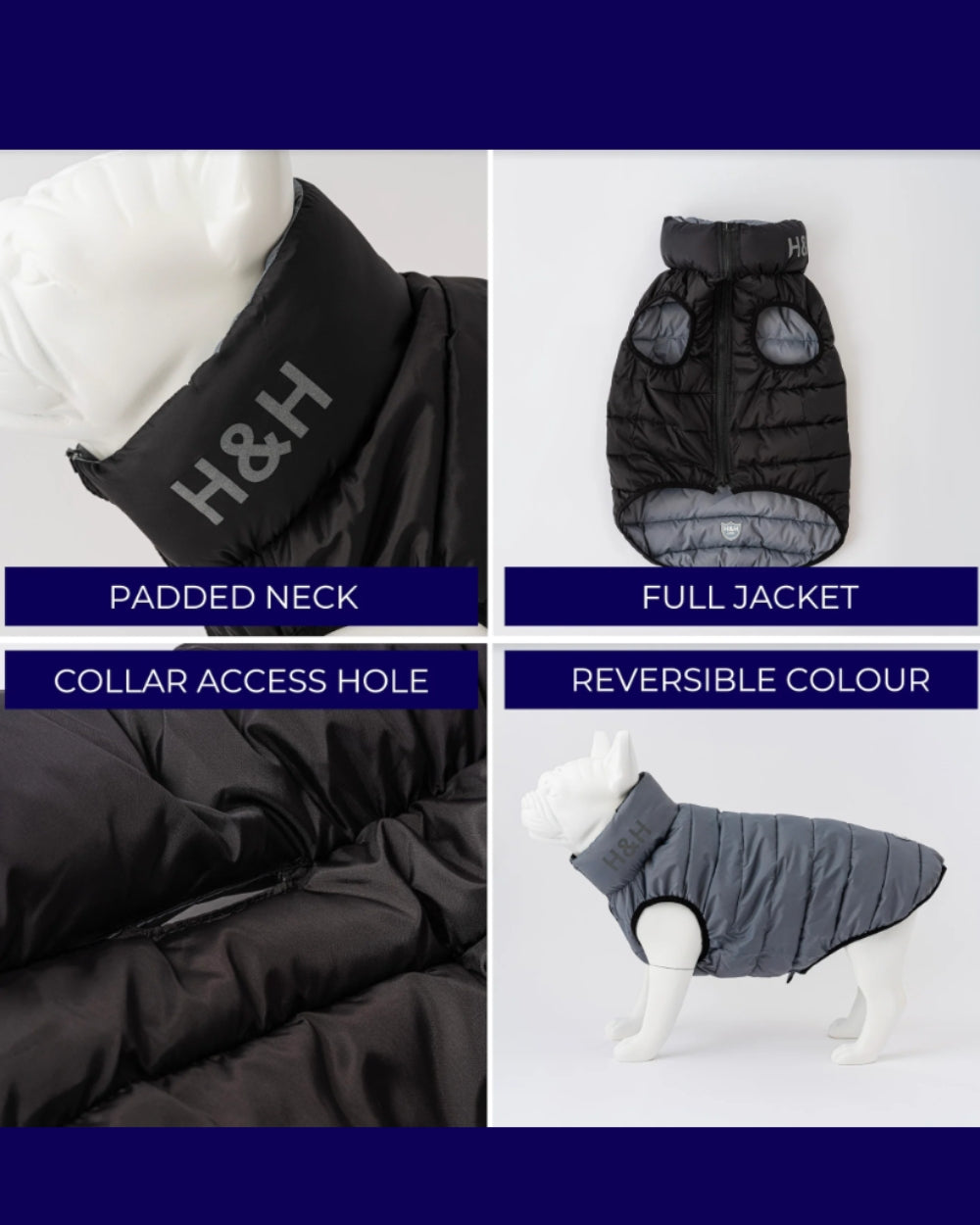 Hugo and Hudson Reversible Dog Puffer Jacket - Black and Grey - Dog Coat