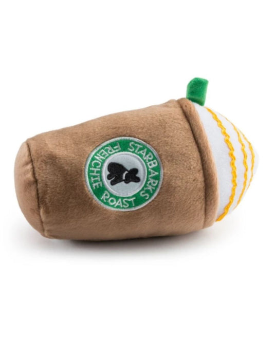 Starbarks Frenchie Roast Plush Toy with straw Squeaker Plush Dog Toy Haute Diggity Dog
