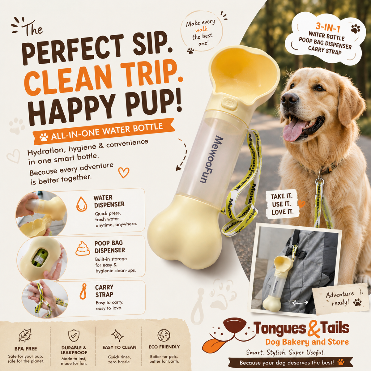 Water Bottle & Waste Bag Storage With Strap BRAND NEW pets