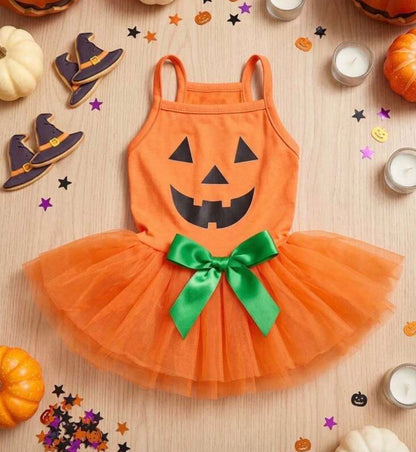 🎃 Halloween Pumpkin Dog Dress with Tutu & Green Satin Bow – Size S 🧡🐾