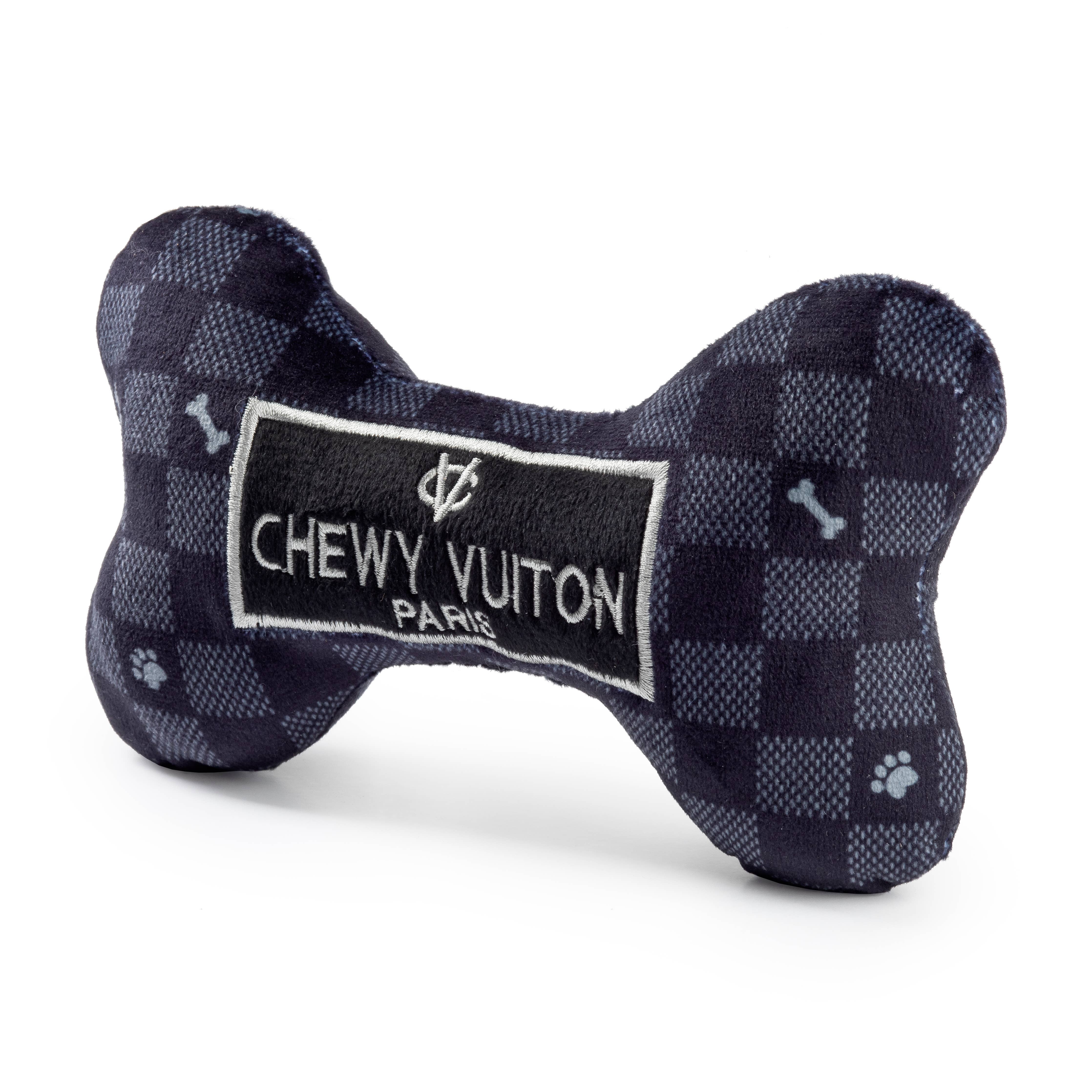 Black Checker Chewy Vuiton Bone Squeaker Dog Toy: Large