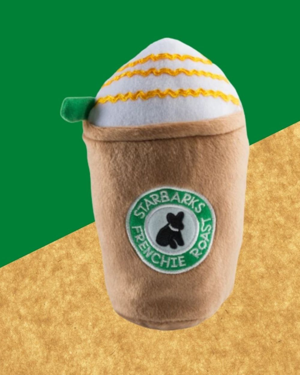 Starbarks Frenchie Roast Plush Toy with straw Squeaker Plush Dog Toy Haute Diggity Dog